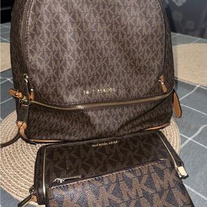 Michael Kors Brown Monogram Backpack+Matching Wallet+Make up/change Case